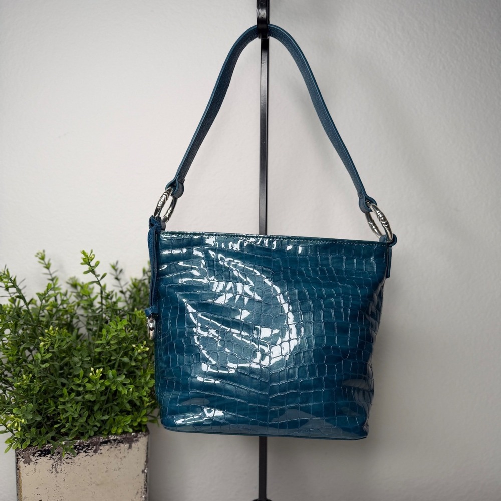 Brighton Cher Shoulder Bag Teal Blue Croc Embossed Patent Leather Classic Med